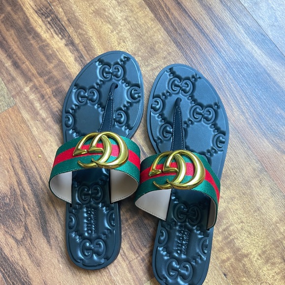T.La Shoes - Designer look Black Slides with Gold Emblem and Green-Red Stripes